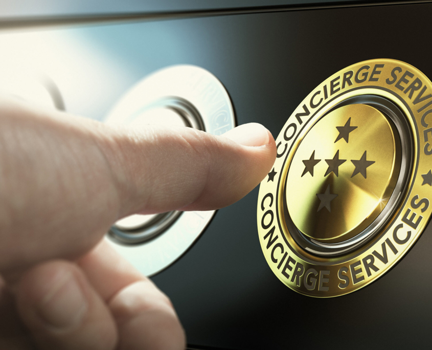 Man,Contacting,Concierge,Service,By,Pushing,A,Golden,Button.,Composite